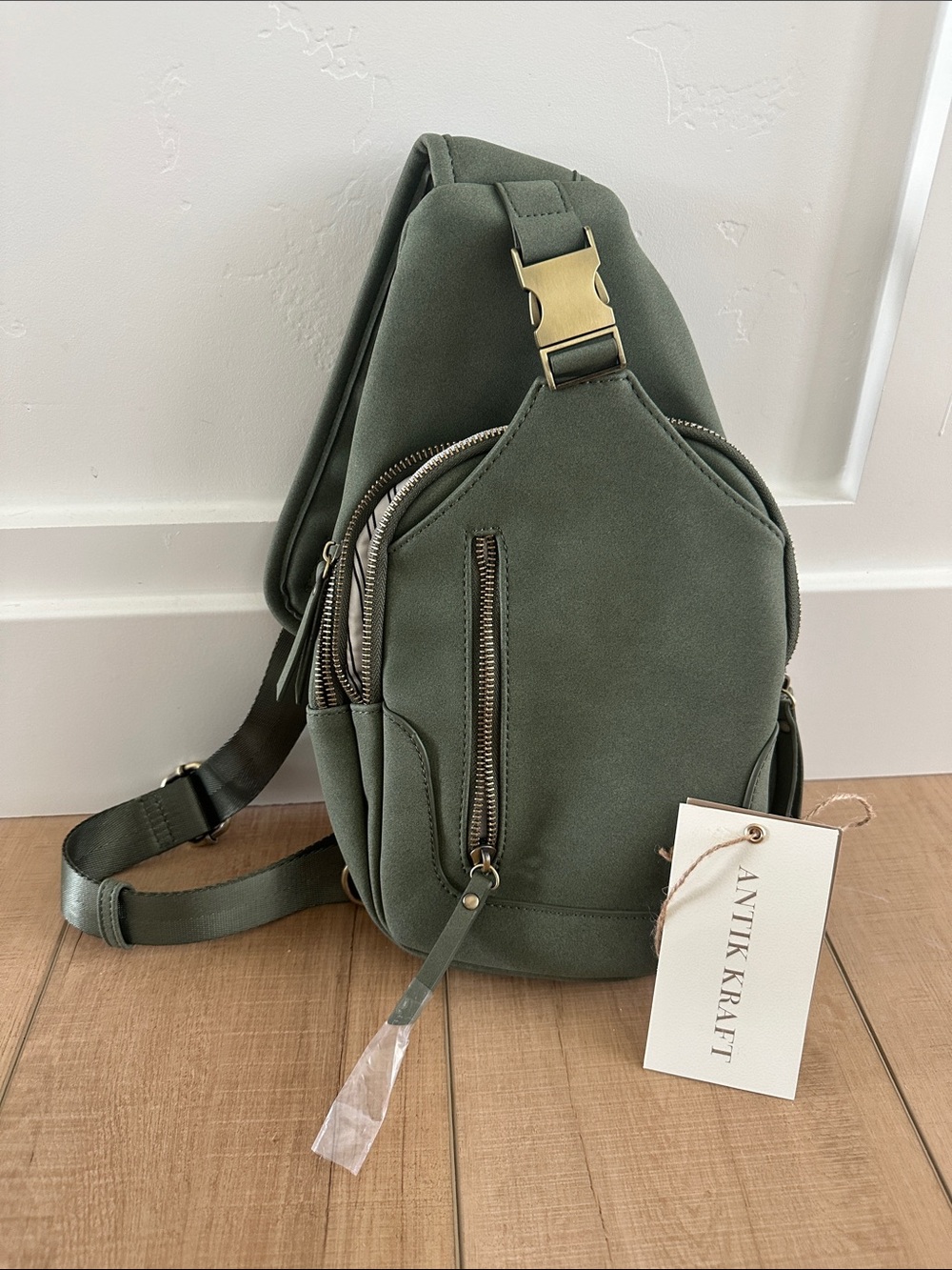 Antik Kraft Olive Green Sling Belt Bag with Brass Hardware